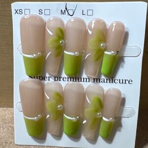Press On Nails Medium Coffin Green Floral Pearl 10pc Set